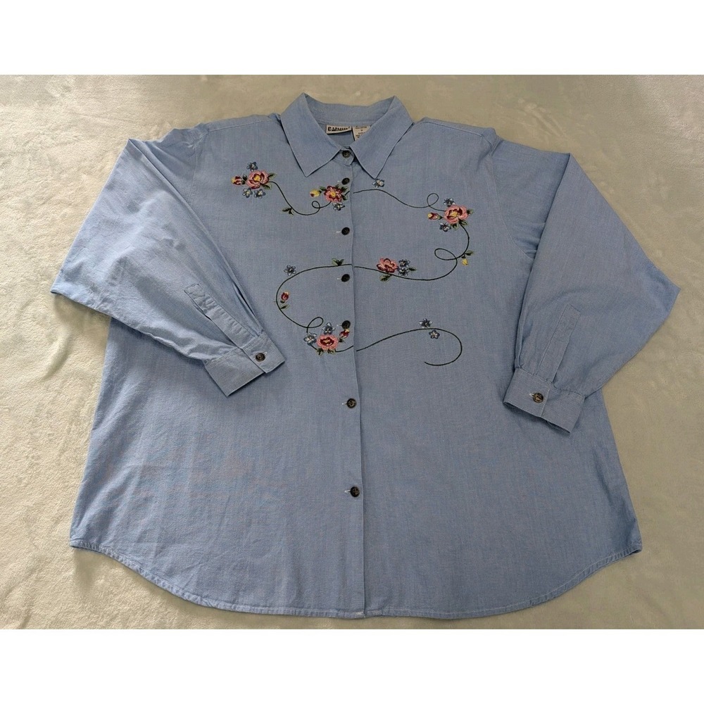 Vintage Capacity Women 1X Blouse Blue Embroidered Button-Down Front Top